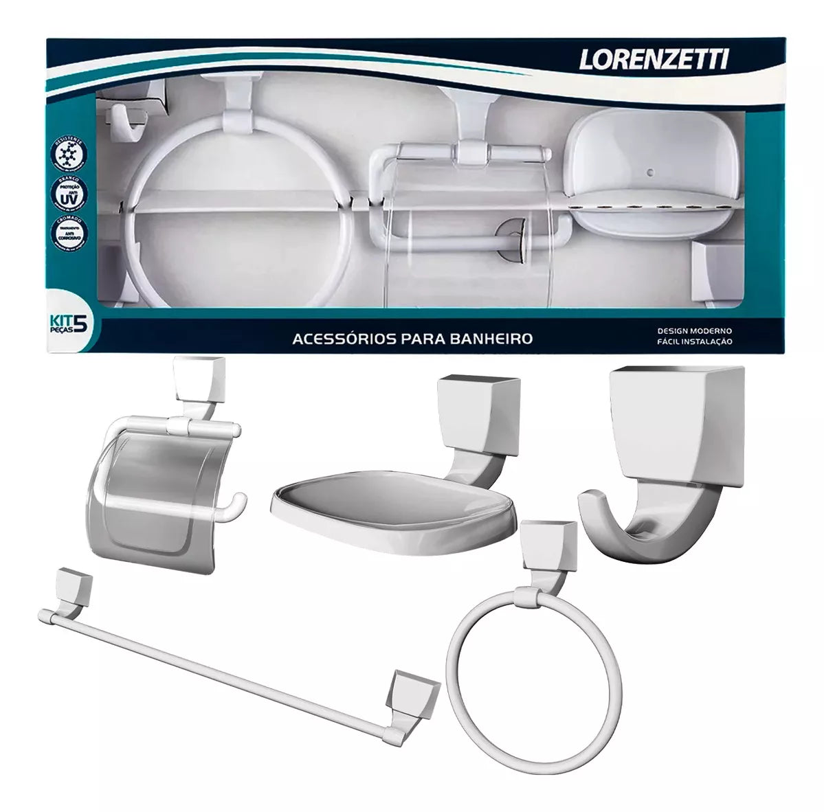 KIT ACESSÓRIOS PARA BANHEIRO 5 PEÇAS BRANCO (cód: 7896451875457)